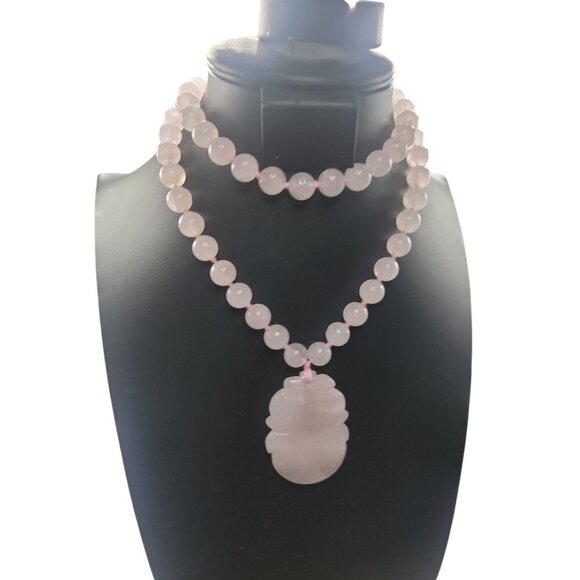 Chinese Rose Quartz Hand Knotted Mala Lotus Design Necklace 28" Vintage - Picture 6 of 16